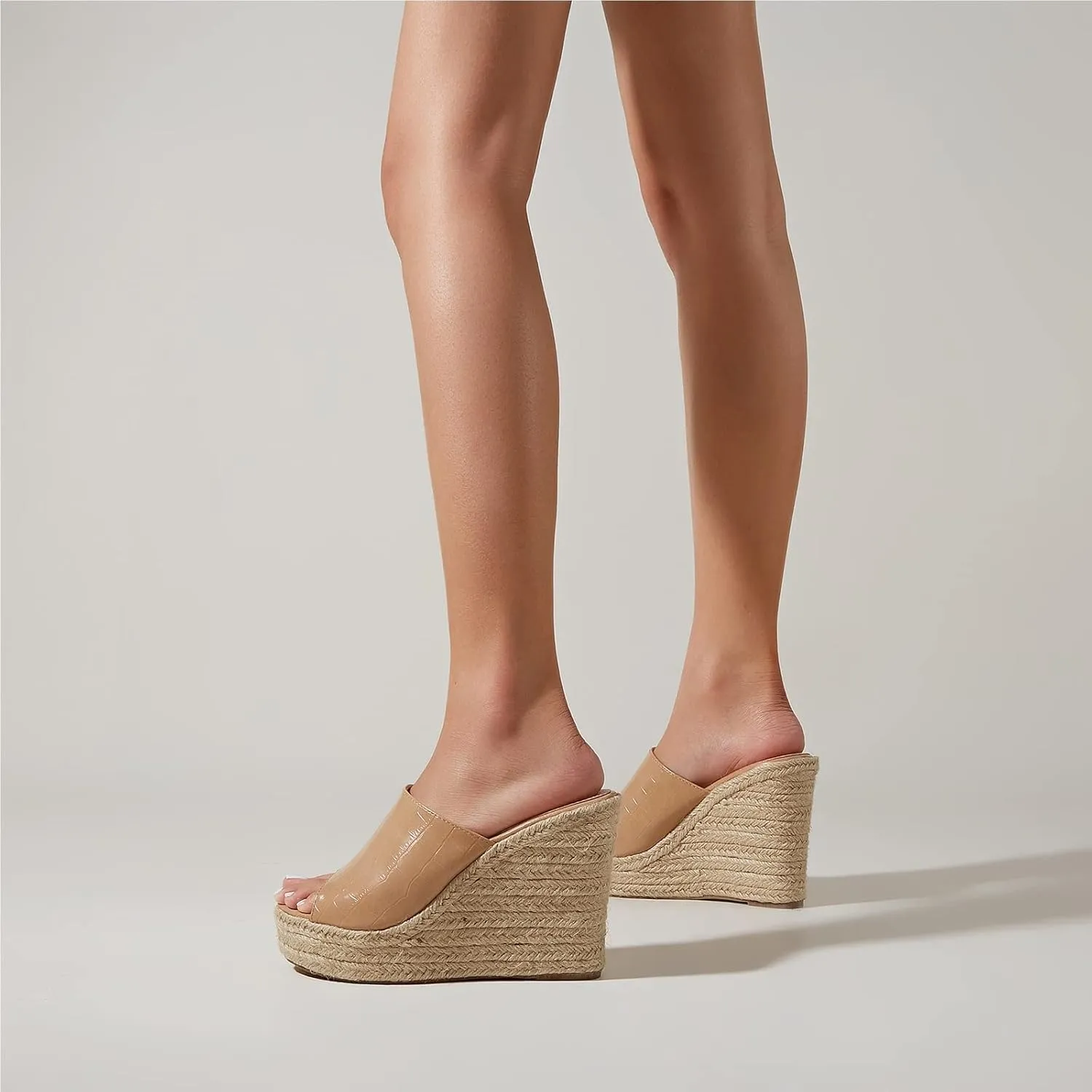 Women's Summer Platform Wedge Sandals, Retro Crocodile Pattern Hemp Rope Bottom Fish Mouth Women's Fashion Sandals (Color : Apricot, Size : 23.7cm)