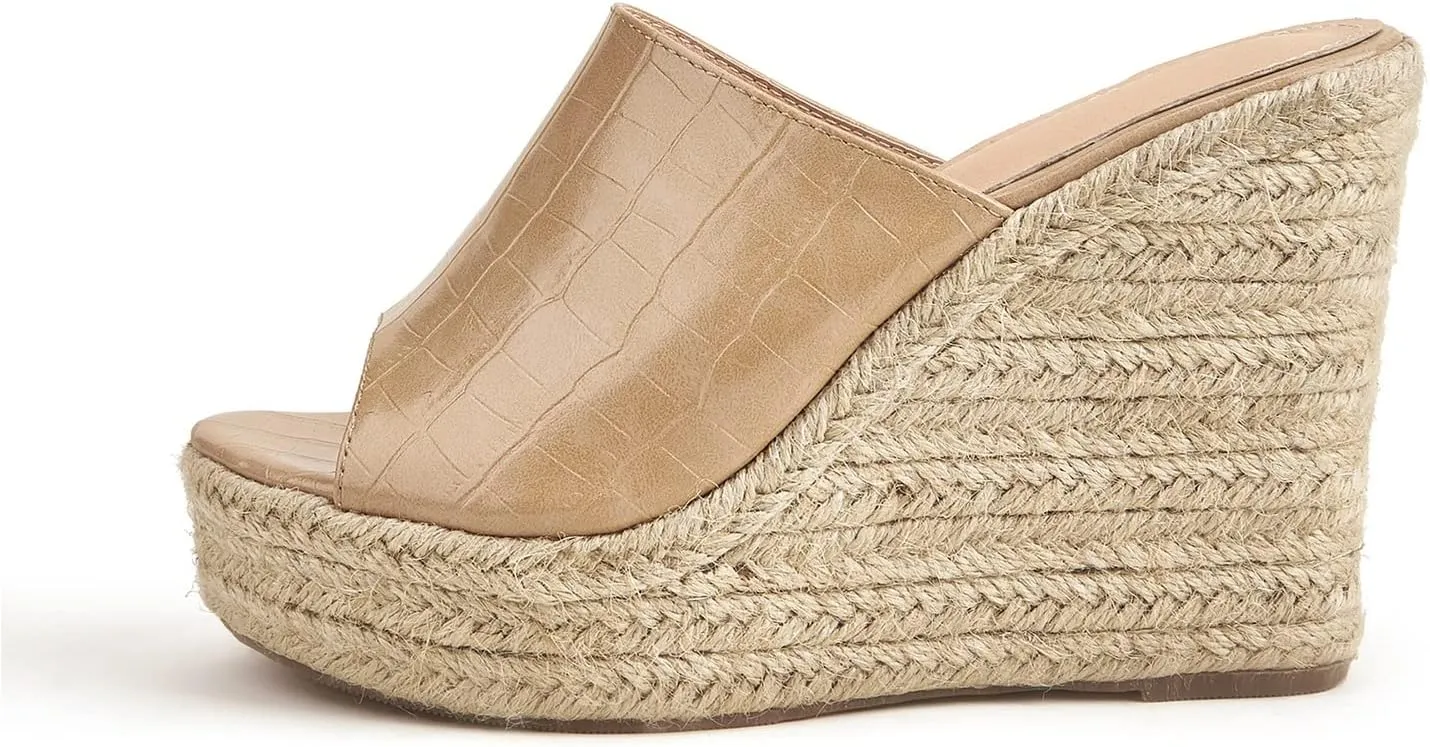 Women's Summer Platform Wedge Sandals, Retro Crocodile Pattern Hemp Rope Bottom Fish Mouth Women's Fashion Sandals (Color : Apricot, Size : 23.7cm)