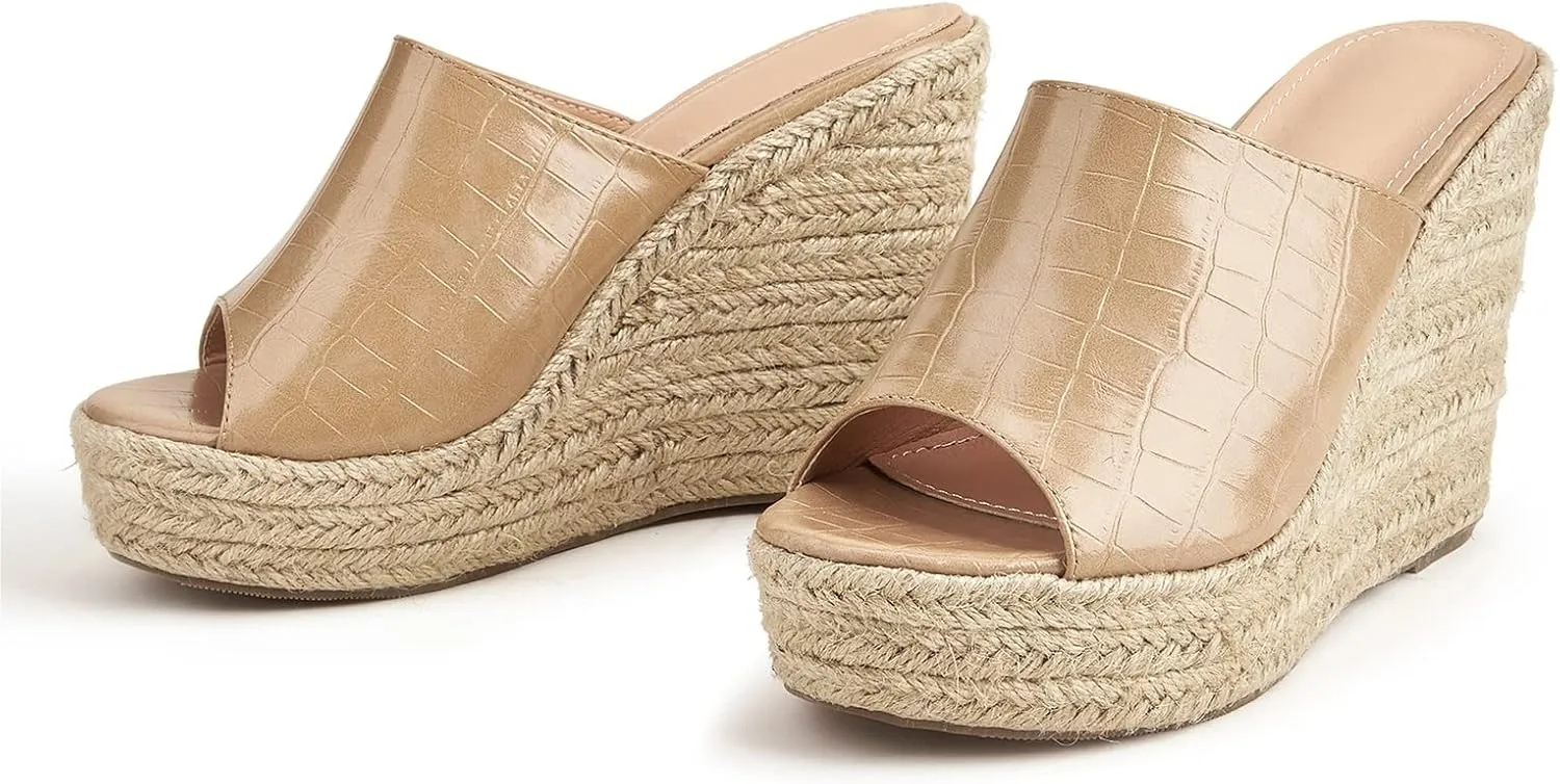 Women's Summer Platform Wedge Sandals, Retro Crocodile Pattern Hemp Rope Bottom Fish Mouth Women's Fashion Sandals (Color : Apricot, Size : 23.7cm)