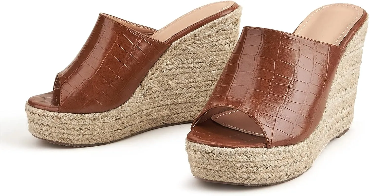 Women's Summer Platform Wedge Sandals, Retro Crocodile Pattern Hemp Rope Bottom Fish Mouth Women's Fashion Sandals