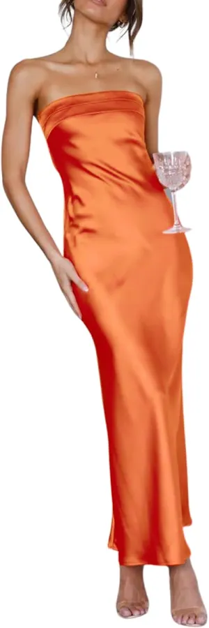 Women's Summer Satin Silk Maxi Bodycon Dresses Strapless Tube Backless Hollow Out Elegant Long Party Club Dress