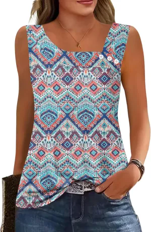 Womens Summer Tank Tops Square Neck Sleeveless Buttons Casual Dressy Tunics Basic Business Work T Shirts Blouses