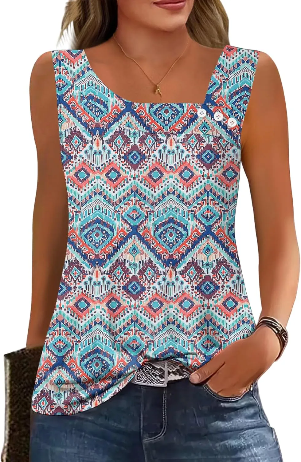 Womens Summer Tank Tops Square Neck Sleeveless Buttons Casual Dressy Tunics Basic Business Work T Shirts Blouses
