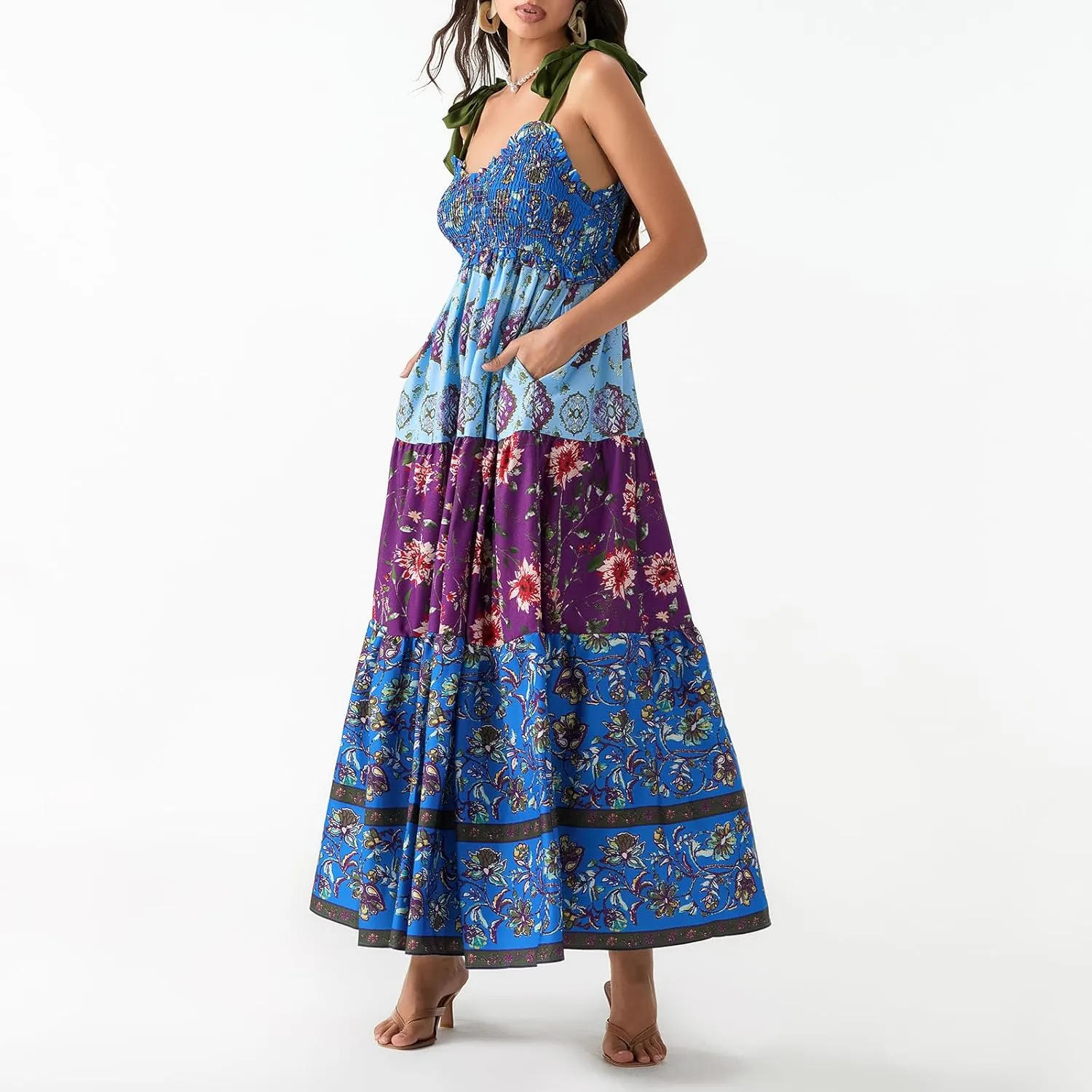 Women’s Tie Shoulder Floral Boho Maxi Dress Sleeveless Flowy Tiered A Line Long Sundress Going Out Flower Beach Dress
