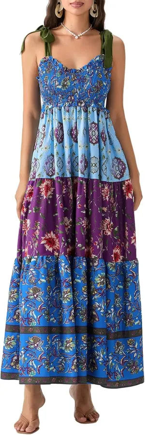 Women’s Tie Shoulder Floral Boho Maxi Dress Sleeveless Flowy Tiered A Line Long Sundress Going Out Flower Beach Dress