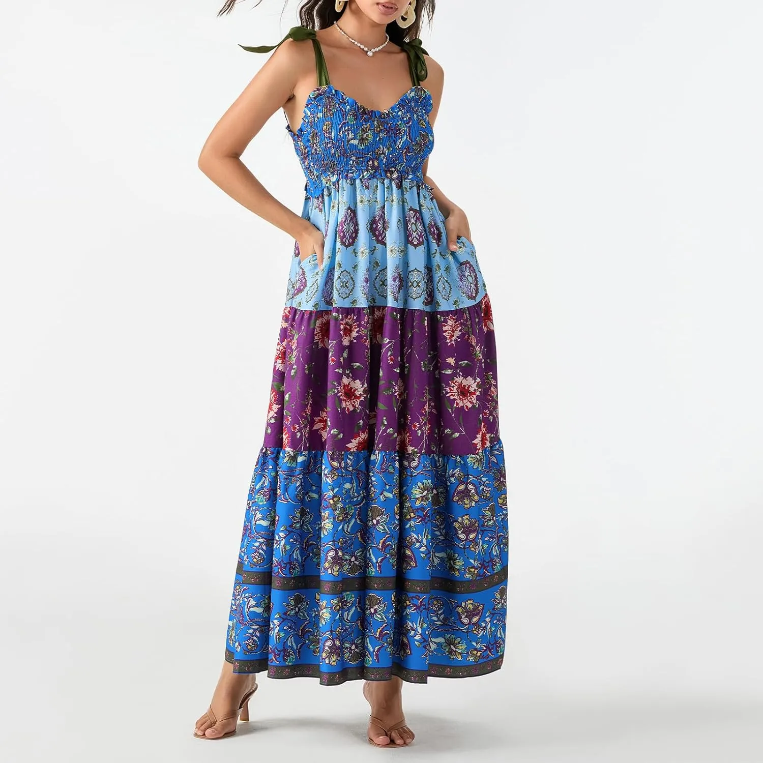 Women’s Tie Shoulder Floral Boho Maxi Dress Sleeveless Flowy Tiered A Line Long Sundress Going Out Flower Beach Dress