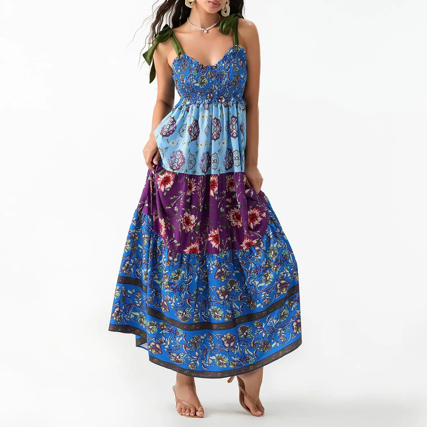 Women’s Tie Shoulder Floral Boho Maxi Dress Sleeveless Flowy Tiered A Line Long Sundress Going Out Flower Beach Dress
