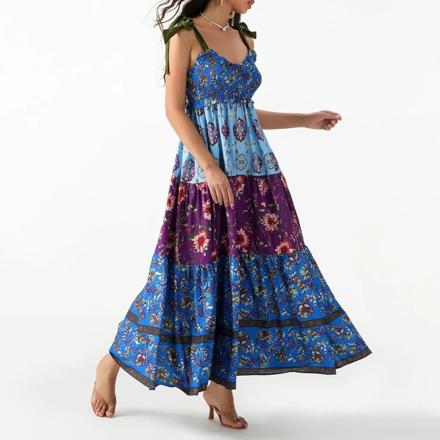 Women’s Tie Shoulder Floral Boho Maxi Dress Sleeveless Flowy Tiered A Line Long Sundress Going Out Flower Beach Dress