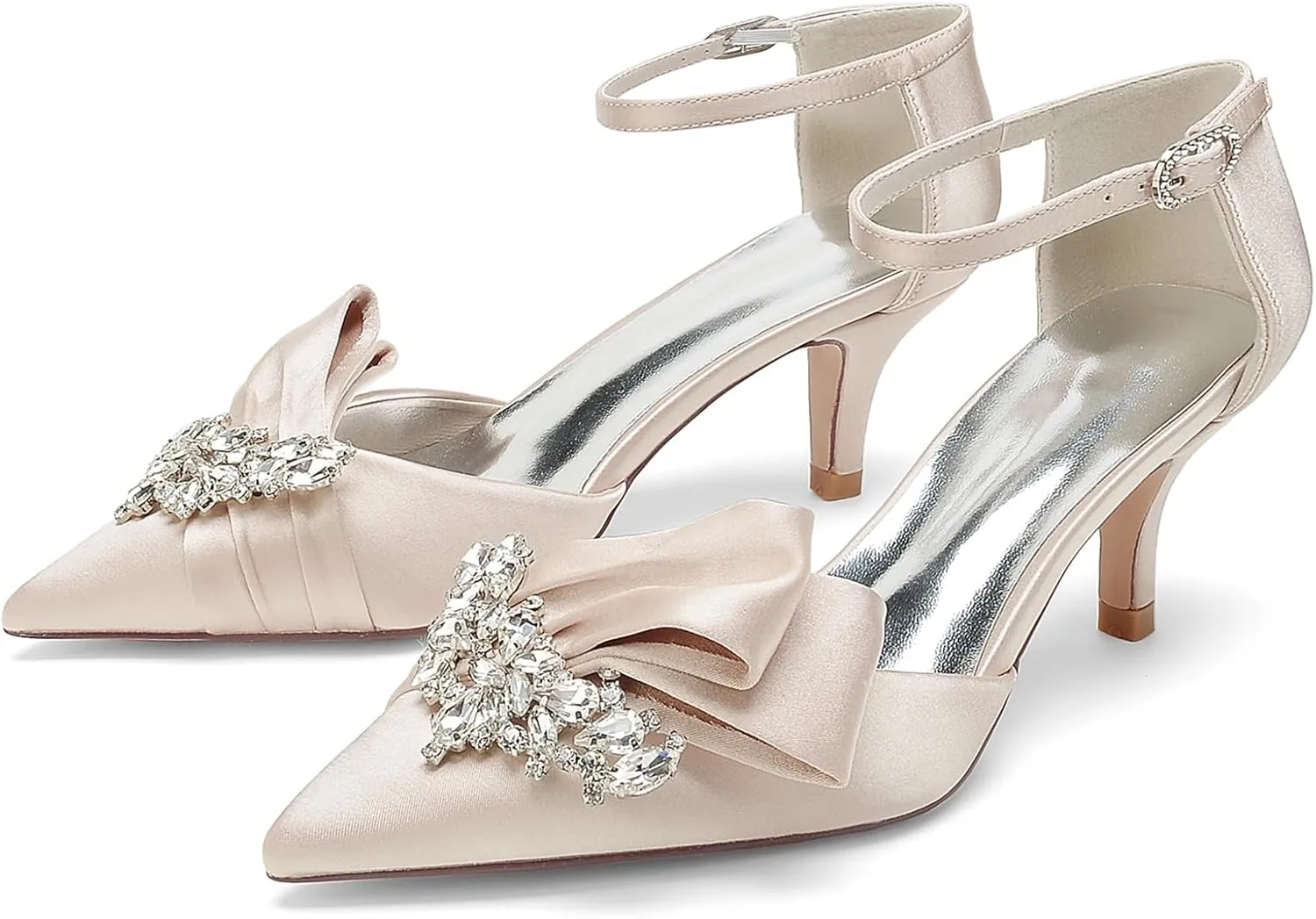 Women's Toe Satin Wedding for Bride Bridal Shoes with Ankle Buckle Strap Crystals Prom Party Pumps Sandals