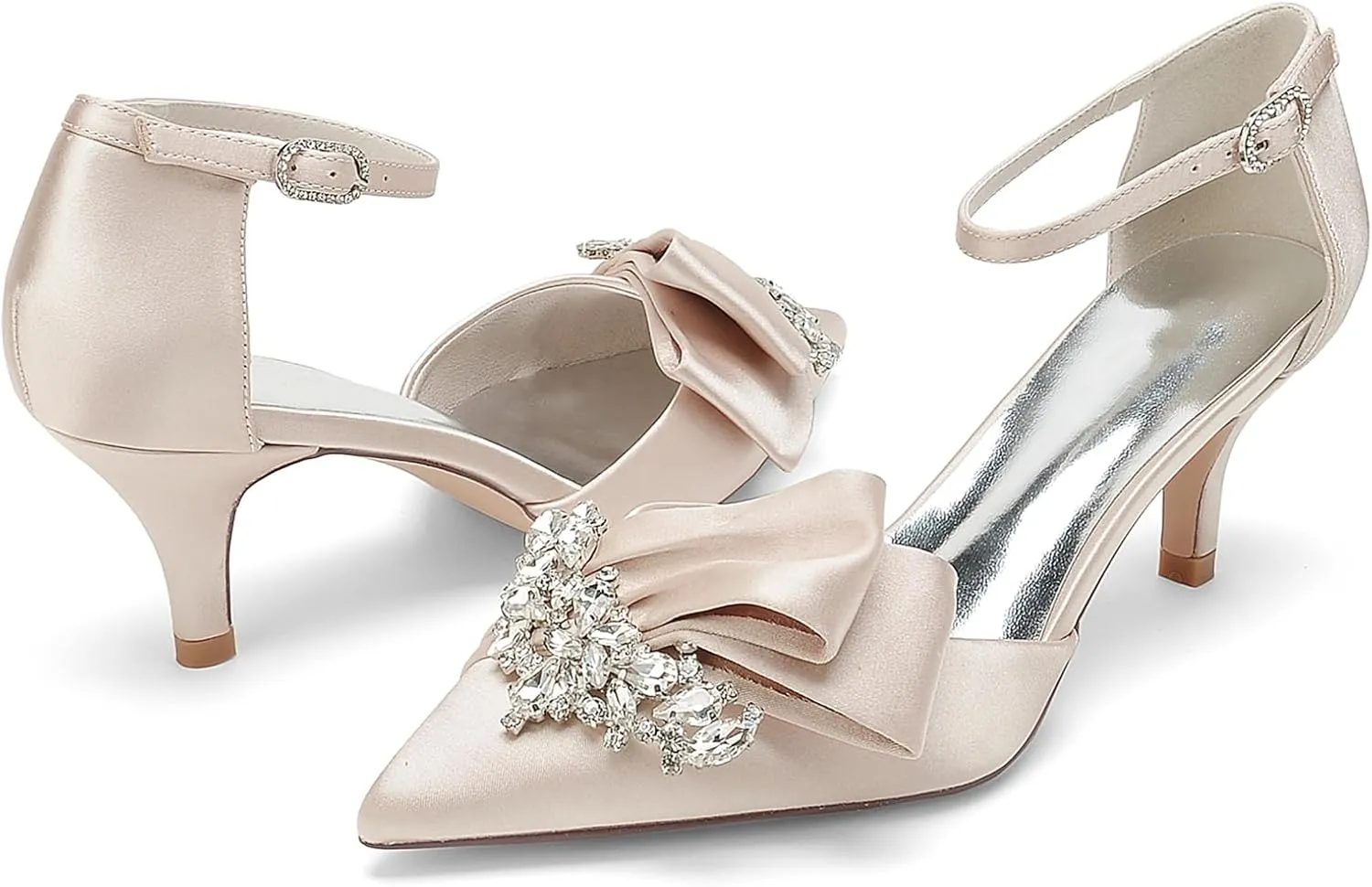 Women's Toe Satin Wedding for Bride Bridal Shoes with Ankle Buckle Strap Crystals Prom Party Pumps Sandals