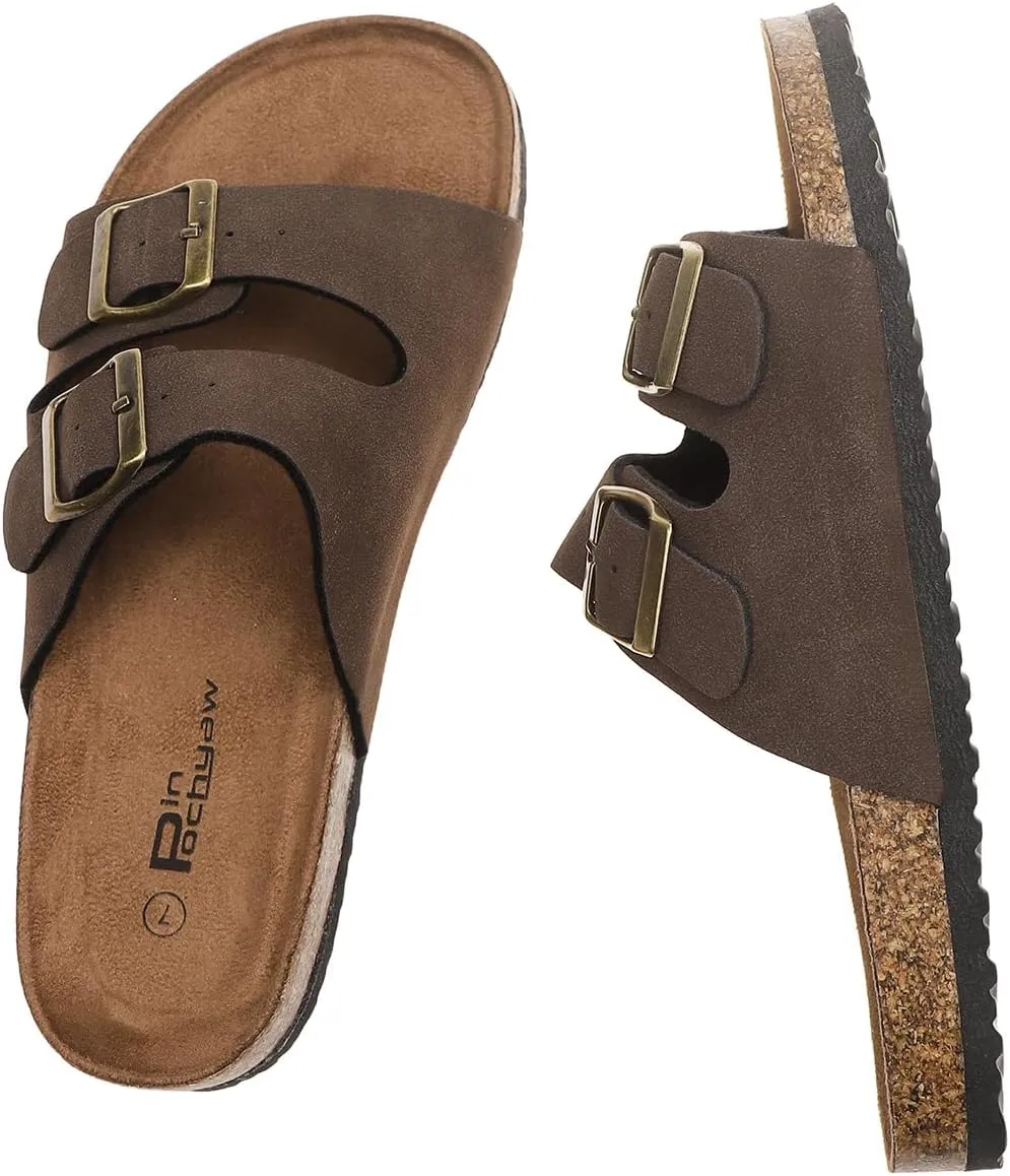 Women's Two Buckle Cork Footbed Sandals Adjustable Womes Sandals Black Brown Tan Available