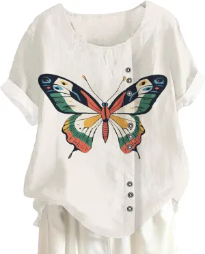 Womens Vintage Blouses Floral Tshirt Cute T Shirts Short Sleeve Linen Cotton Boho Tops Graphic Summer Tees