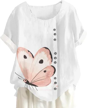 Womens Vintage Blouses Floral Tshirt Cute T Shirts Short Sleeve Linen Cotton Boho Tops Graphic Summer Tees