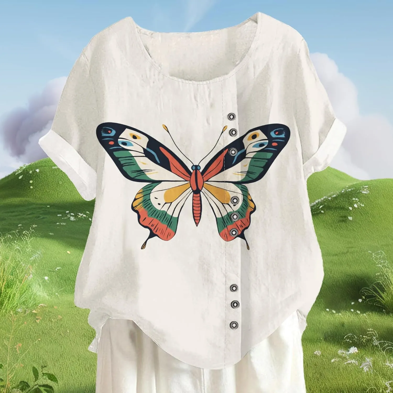 Womens Vintage Blouses Floral Tshirt Cute T Shirts Short Sleeve Linen Cotton Boho Tops Graphic Summer Tees