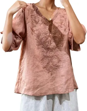 Women's Vintage Embroidery Floral Linen Tshirt Shirt Summer Half Sleeve V-Neck Tops Casual Cute Oversized Tees Blouse