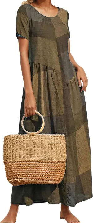 Women's Vintage Plaid Dress Crew Neck Short Sleeve Pleated Summer Vacation Swing Maxi Dresses