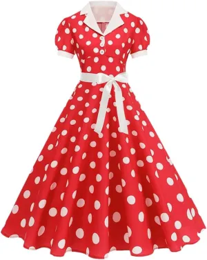 Women's Vintage Polka Dot A Line Dress Notched Collar Short Sleeve Belted 1950S 60S Style Elegant Dress Red