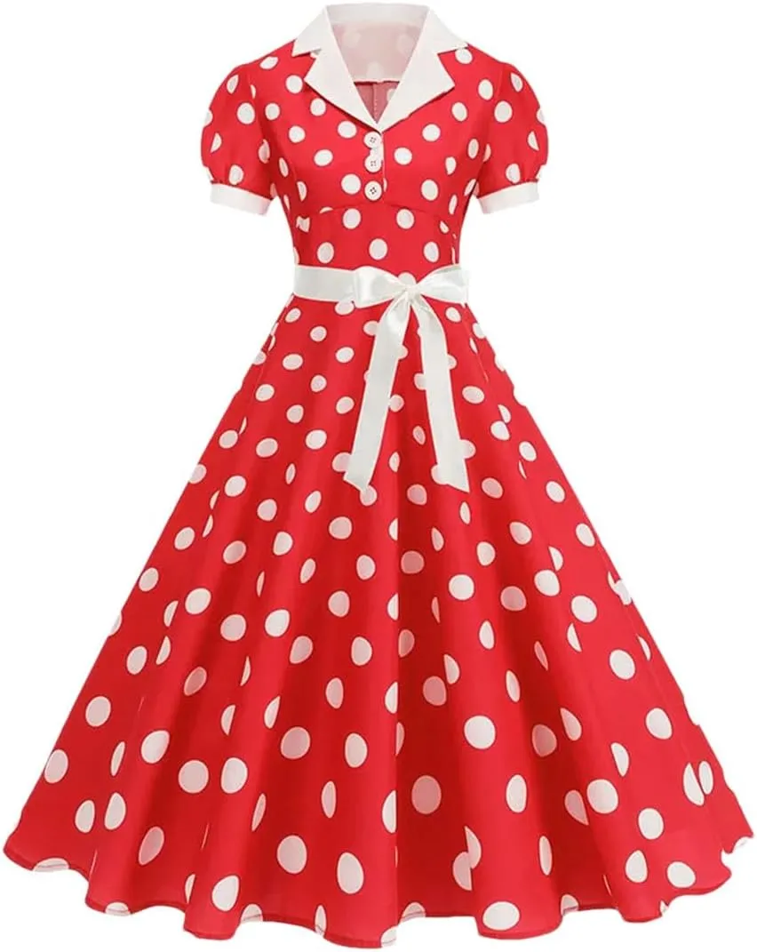 Women's Vintage Polka Dot A Line Dress Notched Collar Short Sleeve Belted 1950S 60S Style Elegant Dress Red