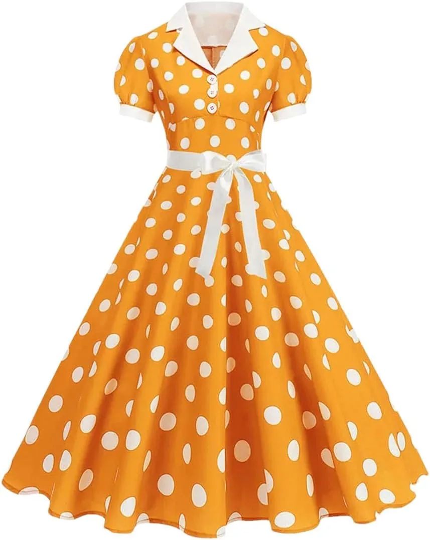 Women's Vintage Polka Dot A Line Dress Notched Collar Short Sleeve Belted 1950S 60S Style Elegant Dress Yellow