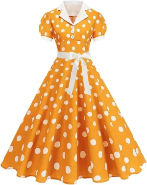 Women's Vintage Polka Dot A Line Dress Notched Collar Short Sleeve Belted 1950S 60S Style Elegant Dress Yellow