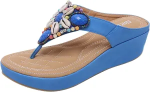 Womens Wedge Flip Flop Sandals Summer Casual Shell Beaded Thong Clip Toe Slip on Chunky Platform Slipper Comfortable Outdoor Ladies Shoes Slides