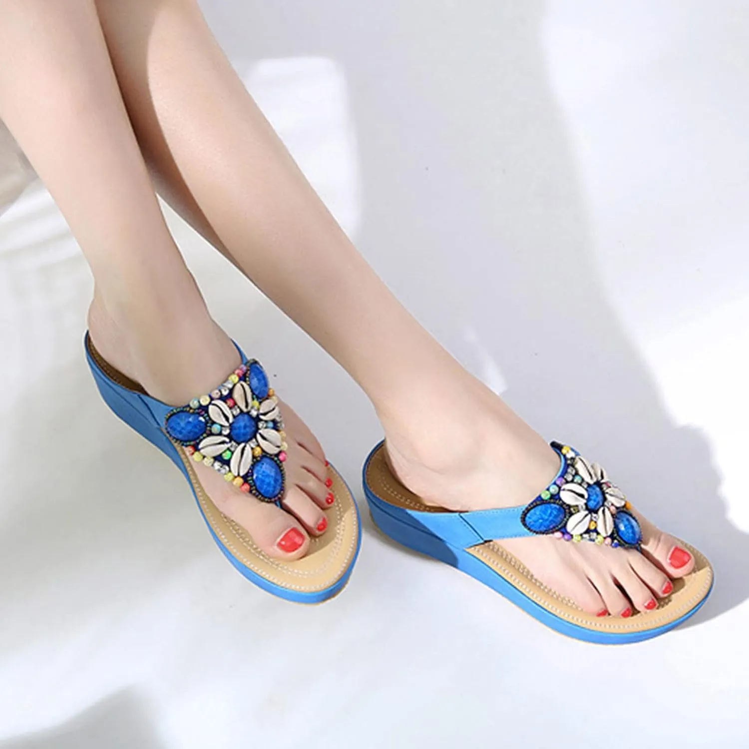 Womens Wedge Flip Flop Sandals Summer Casual Shell Beaded Thong Clip Toe Slip on Chunky Platform Slipper Comfortable Outdoor Ladies Shoes Slides