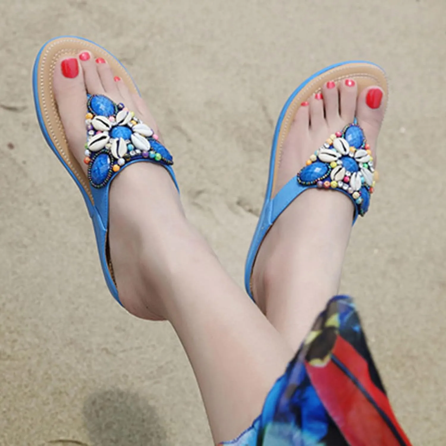 Womens Wedge Flip Flop Sandals Summer Casual Shell Beaded Thong Clip Toe Slip on Chunky Platform Slipper Comfortable Outdoor Ladies Shoes Slides
