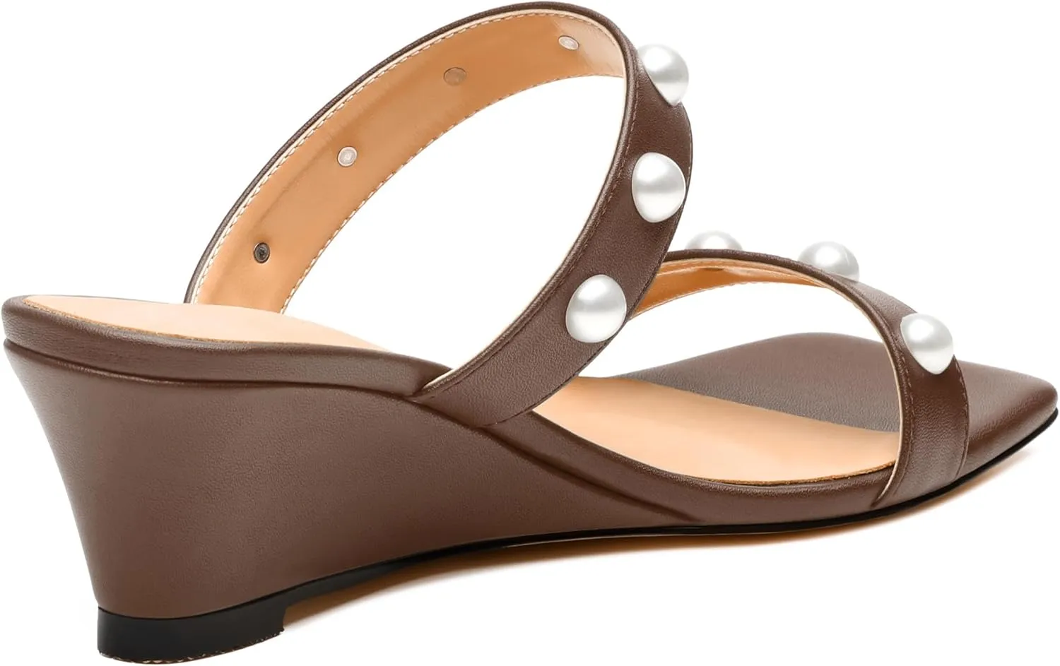 Womens Wedge Mid Heel Sandals, Open Toe Double Strap Leather Insole Sandals for Women, Slip-on Sandals with Pearls 2"