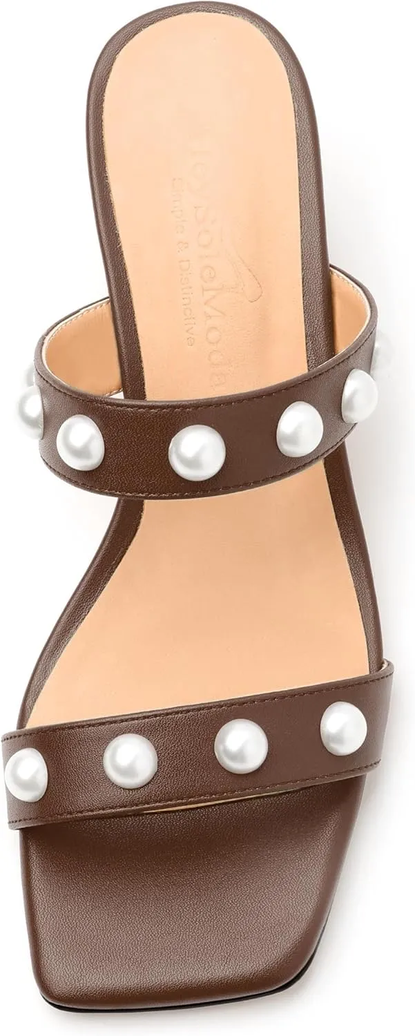 Womens Wedge Mid Heel Sandals, Open Toe Double Strap Leather Insole Sandals for Women, Slip-on Sandals with Pearls 2"