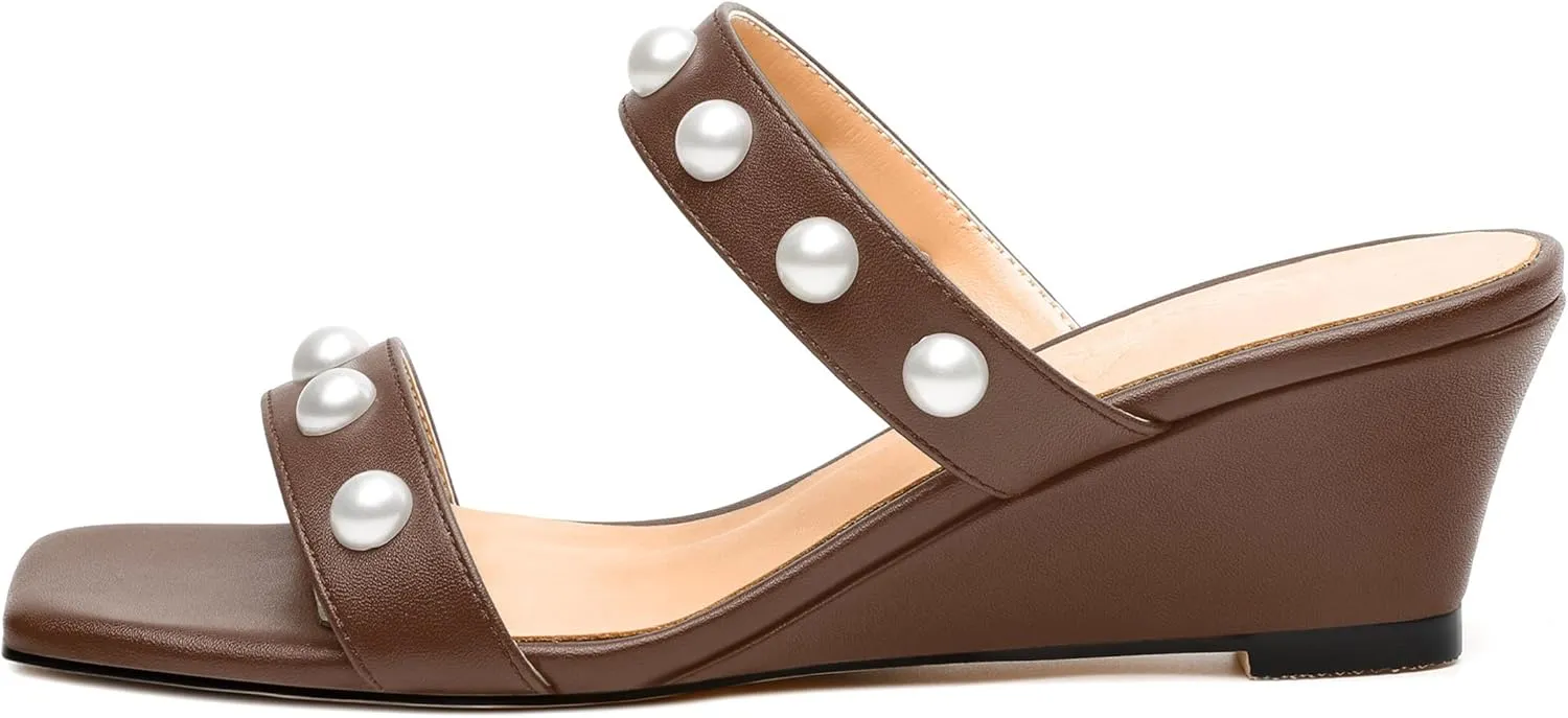 Womens Wedge Mid Heel Sandals, Open Toe Double Strap Leather Insole Sandals for Women, Slip-on Sandals with Pearls 2"