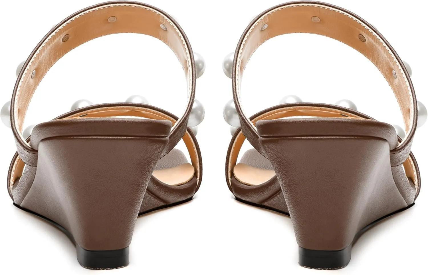 Womens Wedge Mid Heel Sandals, Open Toe Double Strap Leather Insole Sandals for Women, Slip-on Sandals with Pearls 2"