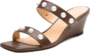 Womens Wedge Mid Heel Sandals, Open Toe Double Strap Leather Insole Sandals for Women, Slip-on Sandals with Pearls 2"