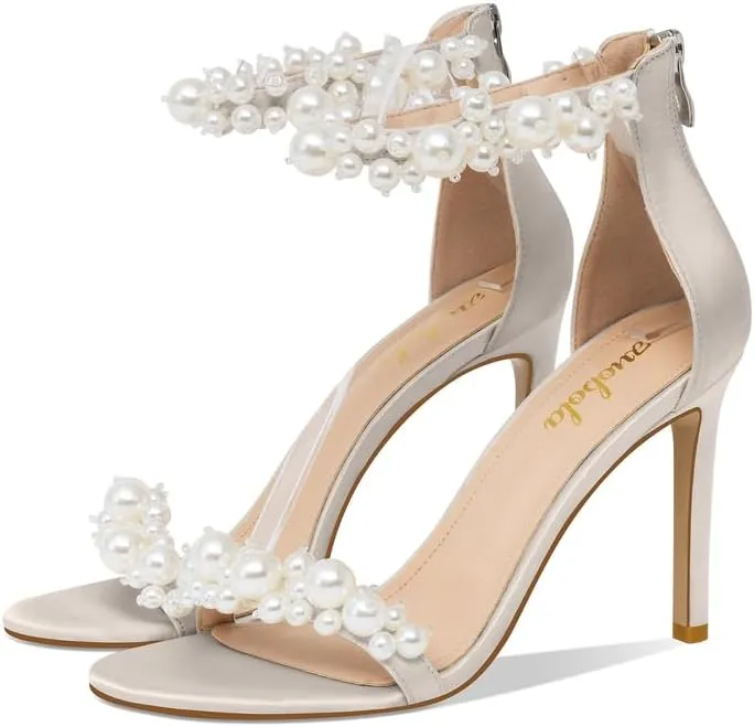 Women's White Heeled Sandals with Pearl Decoration Stiletto Heels Open Toe Back Zipper Wedding Sexy Elegant Summer High Heels Evening Party Shoes