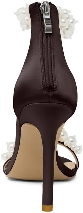 Women's White Heeled Sandals with Pearl Decoration Stiletto Heels Open Toe Back Zipper Wedding Sexy Elegant Summer High Heels Evening Party Shoes