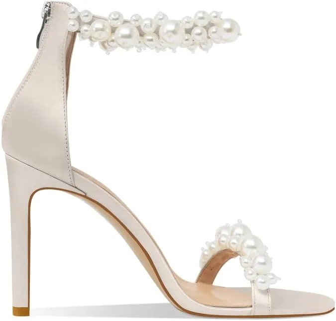 Women's White Heeled Sandals with Pearl Decoration Stiletto Heels Open Toe Back Zipper Wedding Sexy Elegant Summer High Heels Evening Party Shoes