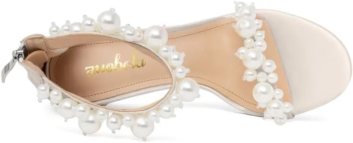Women's White Heeled Sandals with Pearl Decoration Stiletto Heels Open Toe Back Zipper Wedding Sexy Elegant Summer High Heels Evening Party Shoes