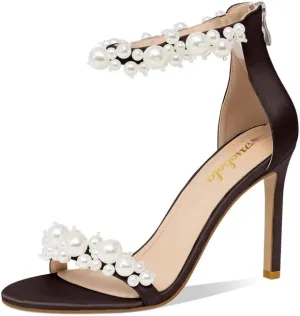 Women's White Heeled Sandals with Pearl Decoration Stiletto Heels Open Toe Back Zipper Wedding Sexy Elegant Summer High Heels Evening Party Shoes