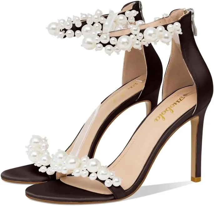 Women's White Heeled Sandals with Pearl Decoration Stiletto Heels Open Toe Back Zipper Wedding Sexy Elegant Summer High Heels Evening Party Shoes