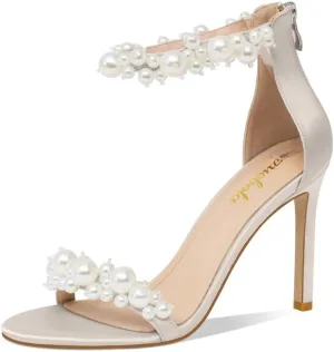 Women's White Heeled Sandals with Pearl Decoration Stiletto Heels Open Toe Back Zipper Wedding Sexy Elegant Summer High Heels Evening Party Shoes