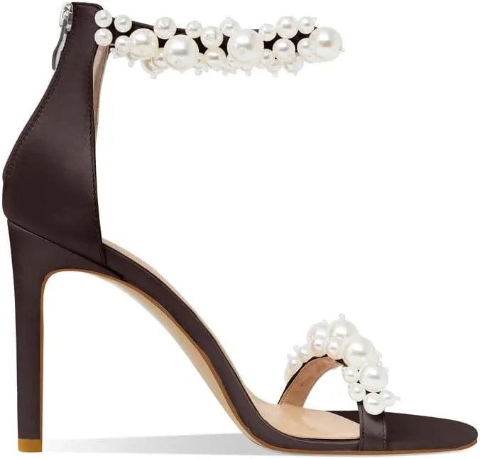 Women's White Heeled Sandals with Pearl Decoration Stiletto Heels Open Toe Back Zipper Wedding Sexy Elegant Summer High Heels Evening Party Shoes