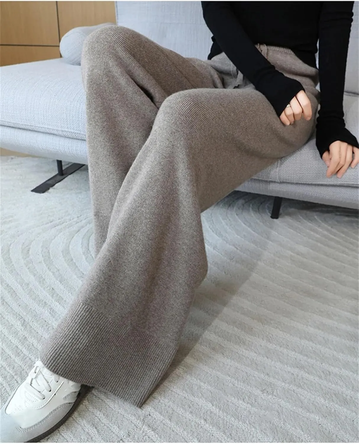 Women's Wool Knitted Wide Leg Pants Vintage High Waist Lace Up Straight Trousers