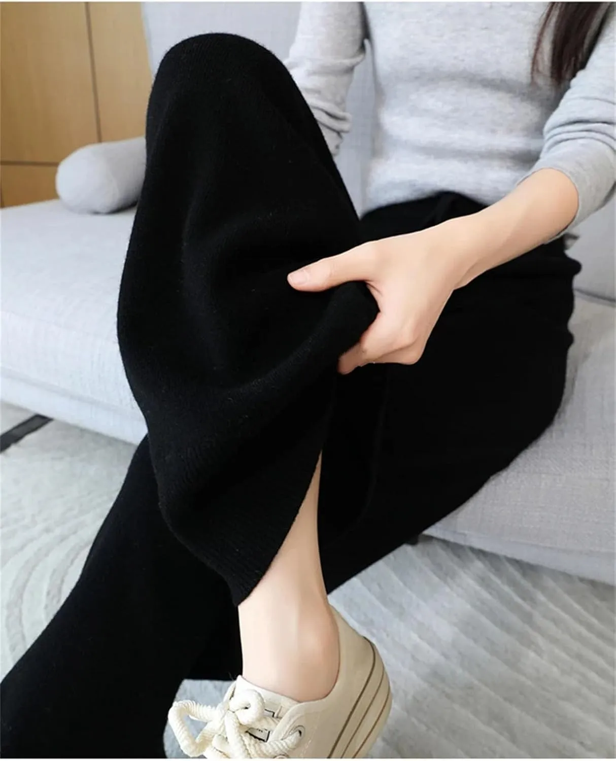 Women's Wool Knitted Wide Leg Pants Vintage High Waist Lace Up Straight Trousers