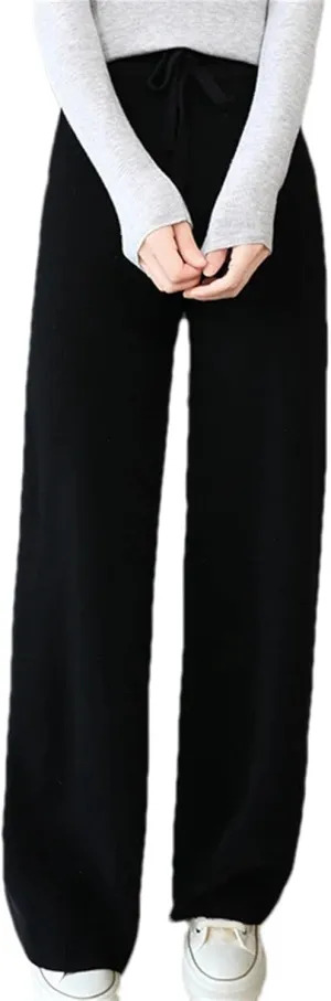 Women's Wool Knitted Wide Leg Pants Vintage High Waist Lace Up Straight Trousers