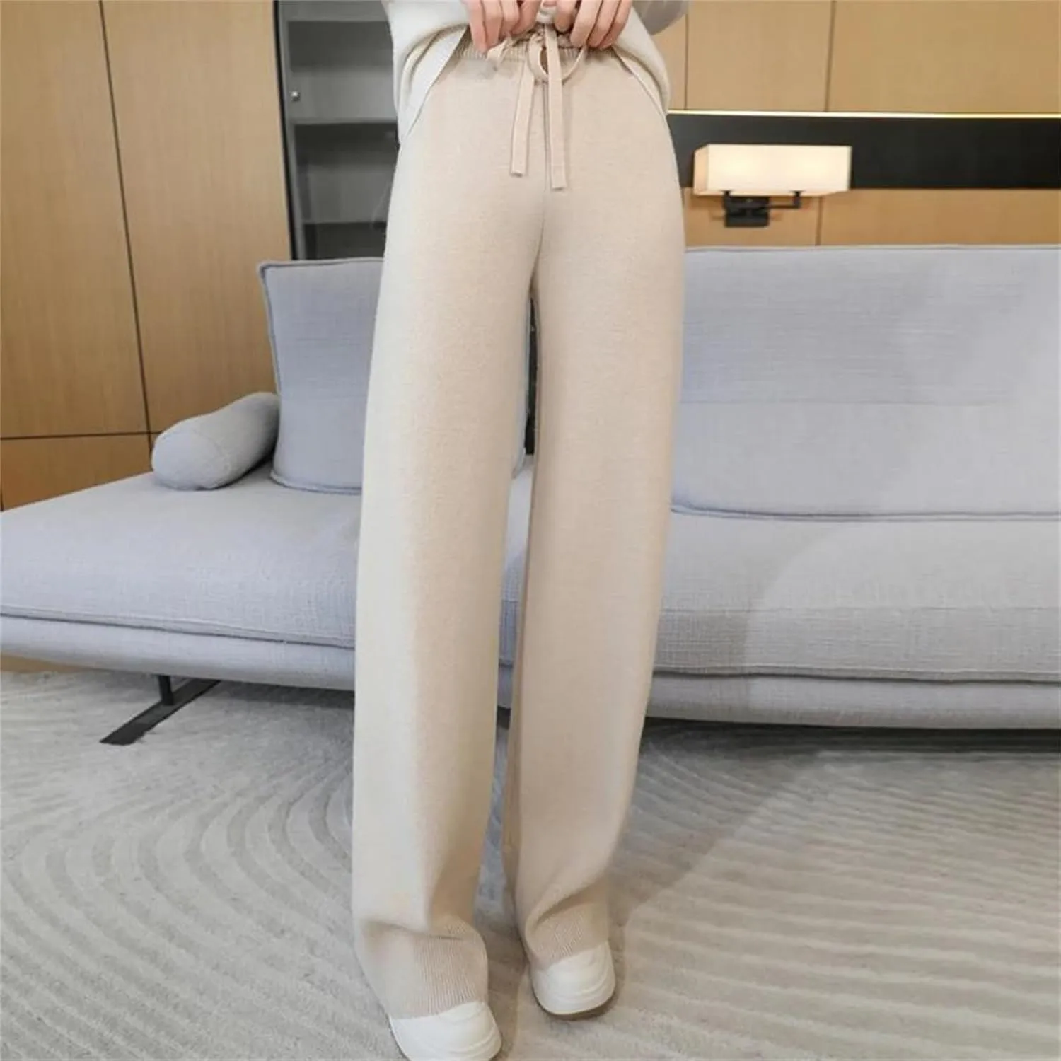 Women's Wool Knitted Wide Leg Pants Vintage High Waist Lace Up Straight Trousers