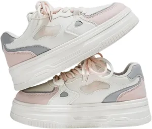 Women's Y2K Retro Style Chunky Skate Shoes with Contrasting Accents Double Shoelace Platform Sneakers - Comfortable Fashion Casual Shoes (Black/White or Pink/White)