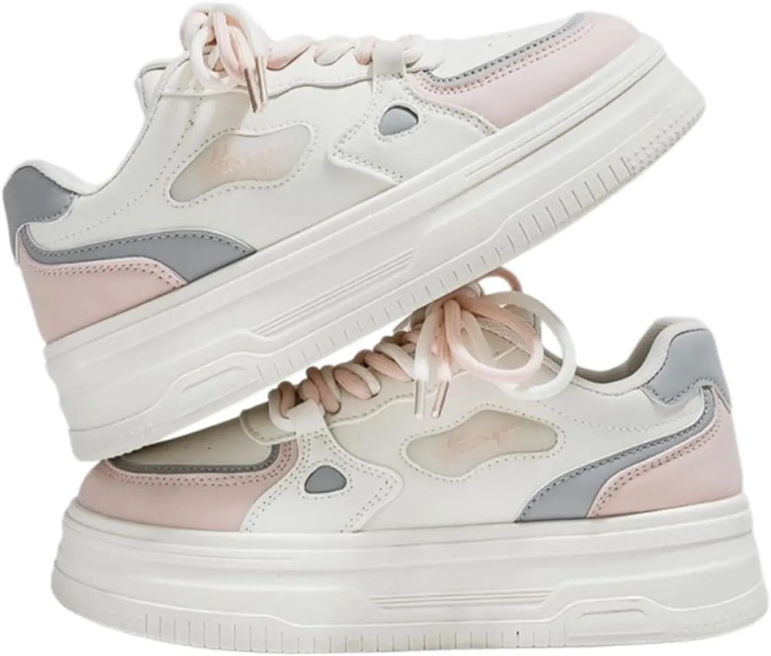Women's Y2K Retro Style Chunky Skate Shoes with Contrasting Accents Double Shoelace Platform Sneakers - Comfortable Fashion Casual Shoes (Black/White or Pink/White)