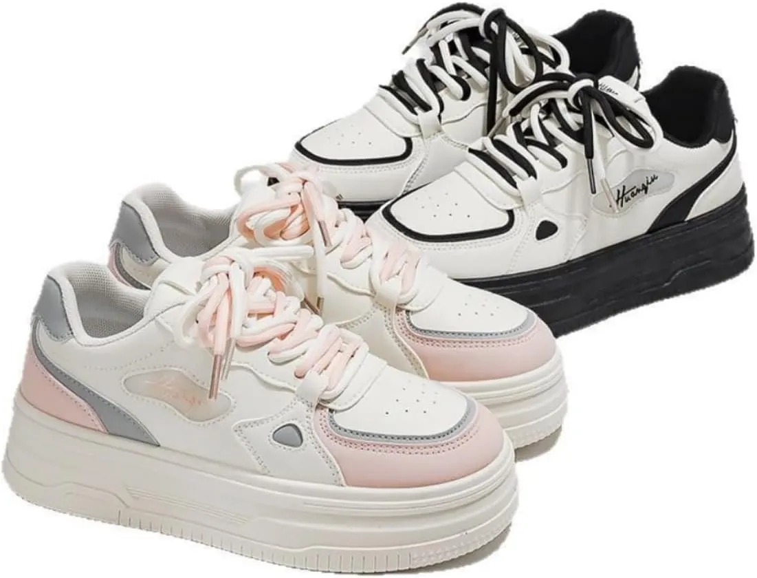 Women's Y2K Retro Style Chunky Skate Shoes with Contrasting Accents Double Shoelace Platform Sneakers - Comfortable Fashion Casual Shoes (Black/White or Pink/White)