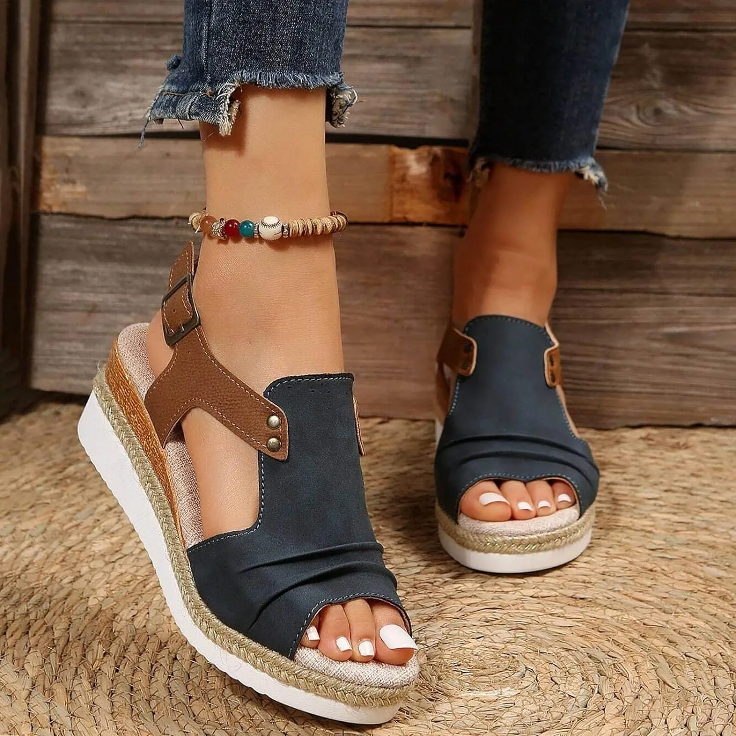 Womenyiaor Wedge Sandals for Women, Espadrilles for Women Open Toe Ankle Strap Wedge Heels Sandals Dressy Summer Platform Sandals Comfortable Slip on Sandals Orthopedic Sandals Casual (B-Navy, 8.5)