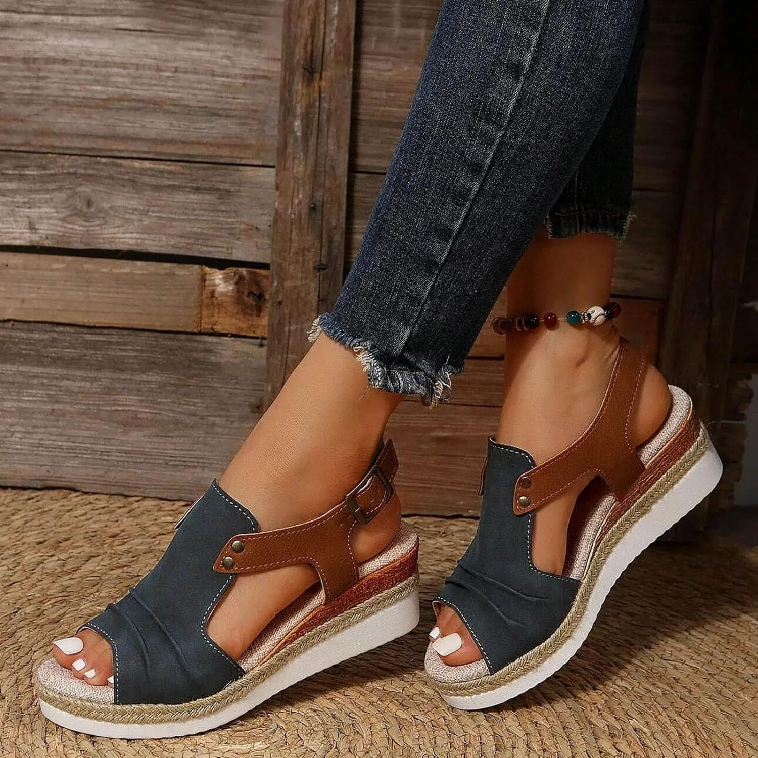 Womenyiaor Wedge Sandals for Women, Espadrilles for Women Open Toe Ankle Strap Wedge Heels Sandals Dressy Summer Platform Sandals Comfortable Slip on Sandals Orthopedic Sandals Casual (B-Navy, 8.5)