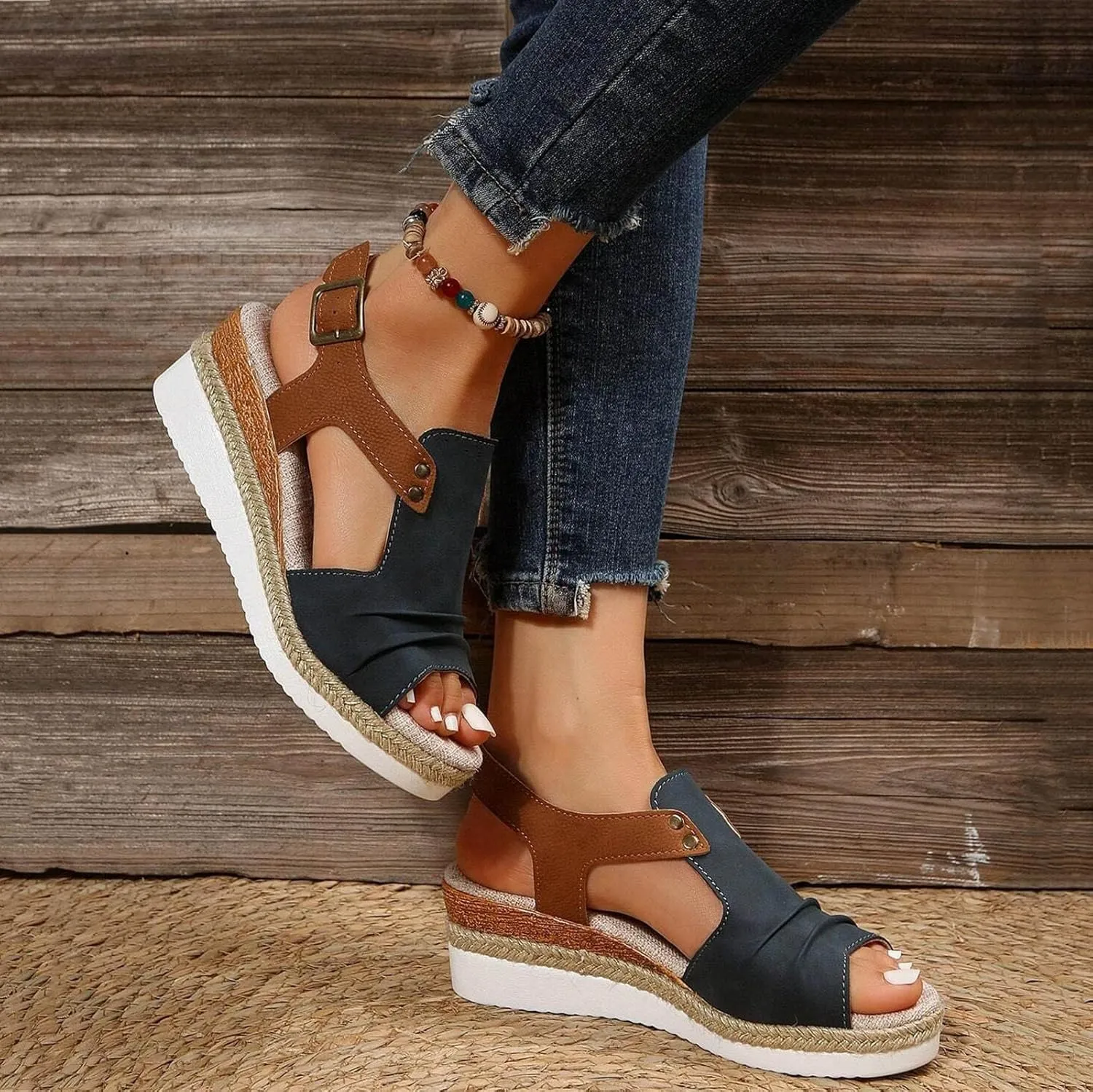 Womenyiaor Wedge Sandals for Women, Espadrilles for Women Open Toe Ankle Strap Wedge Heels Sandals Dressy Summer Platform Sandals Comfortable Slip on Sandals Orthopedic Sandals Casual (B-Navy, 8.5)